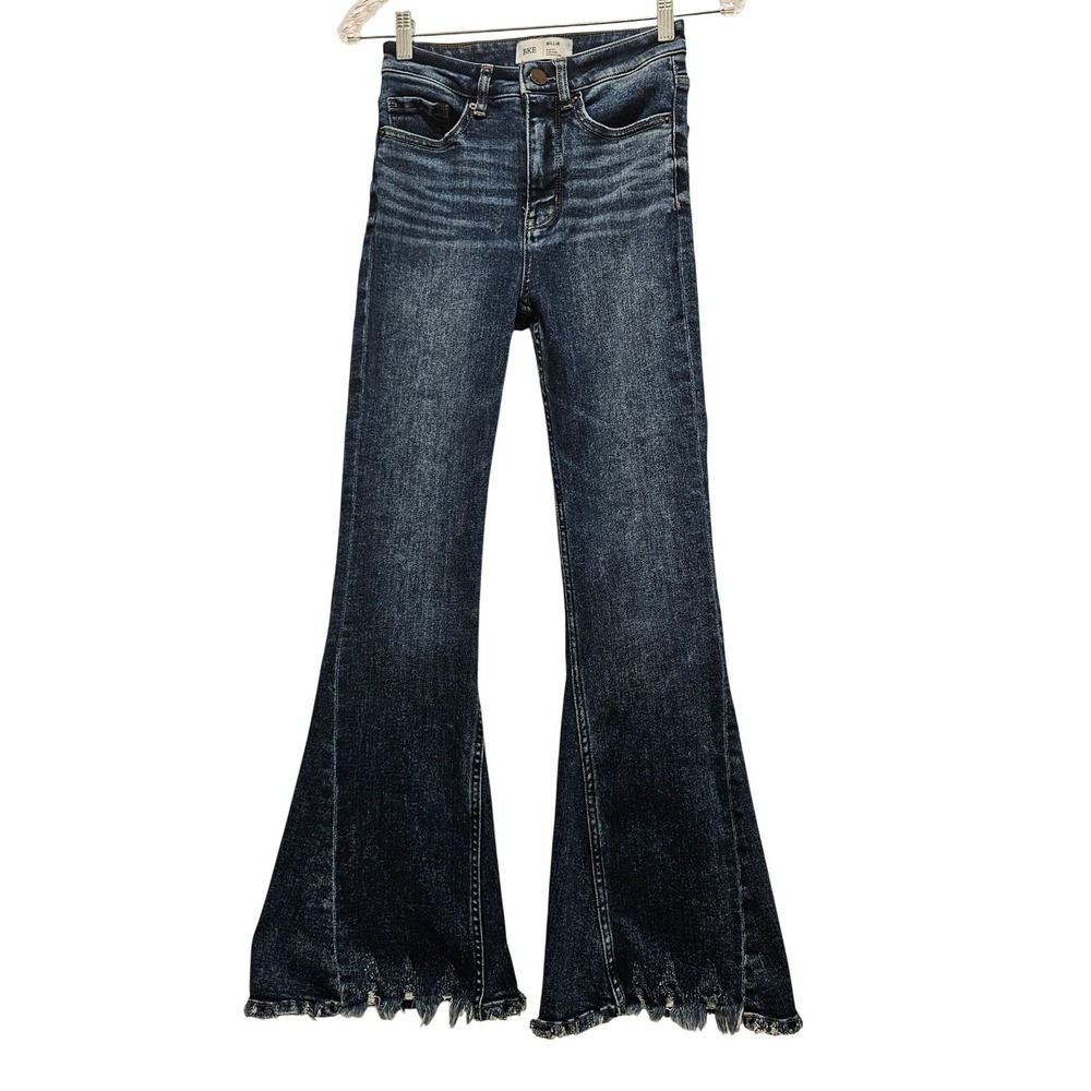 BKE Jeans Women 25 Blue Billie Super Flare High Rise Raw Hem Slim Fit Dark Wash